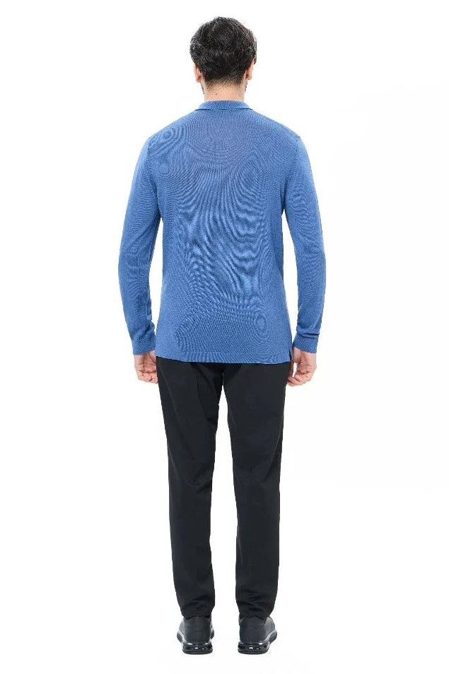 Wholesale,Luchiano Visconti, Luchiano Visconti Indigo 3-Button Tencel Long Sleeve Polo, Blue, Small-41-TagSMedium-43-TagMLarge-45-TagLExtra Large-48-TagXLExtra Extra Large-50-TagXXL