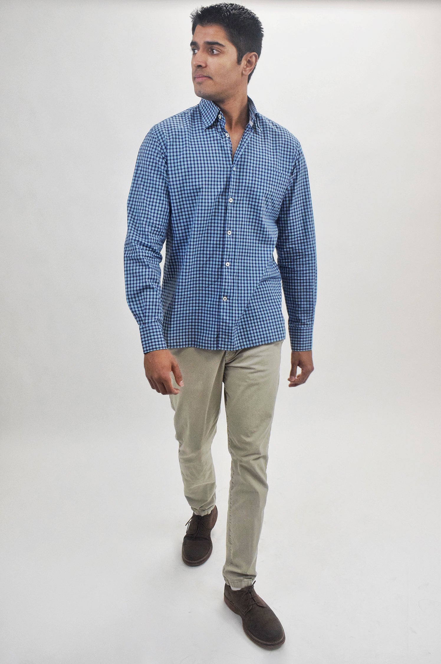 The RealReal,Canali, Canali Blue Small Plaid Print Long Sleeve Button Up Shirt, Blue, Medium-43-TagM