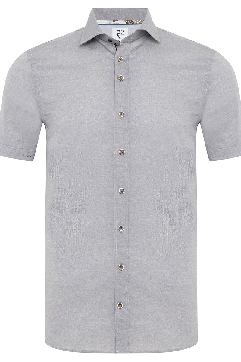 Direct From Brand,R2 Amsterdam, R2 Amsterdam Grey Stretch Short Sleeve Button Up Shirt, Grey, Large-45-Tag42