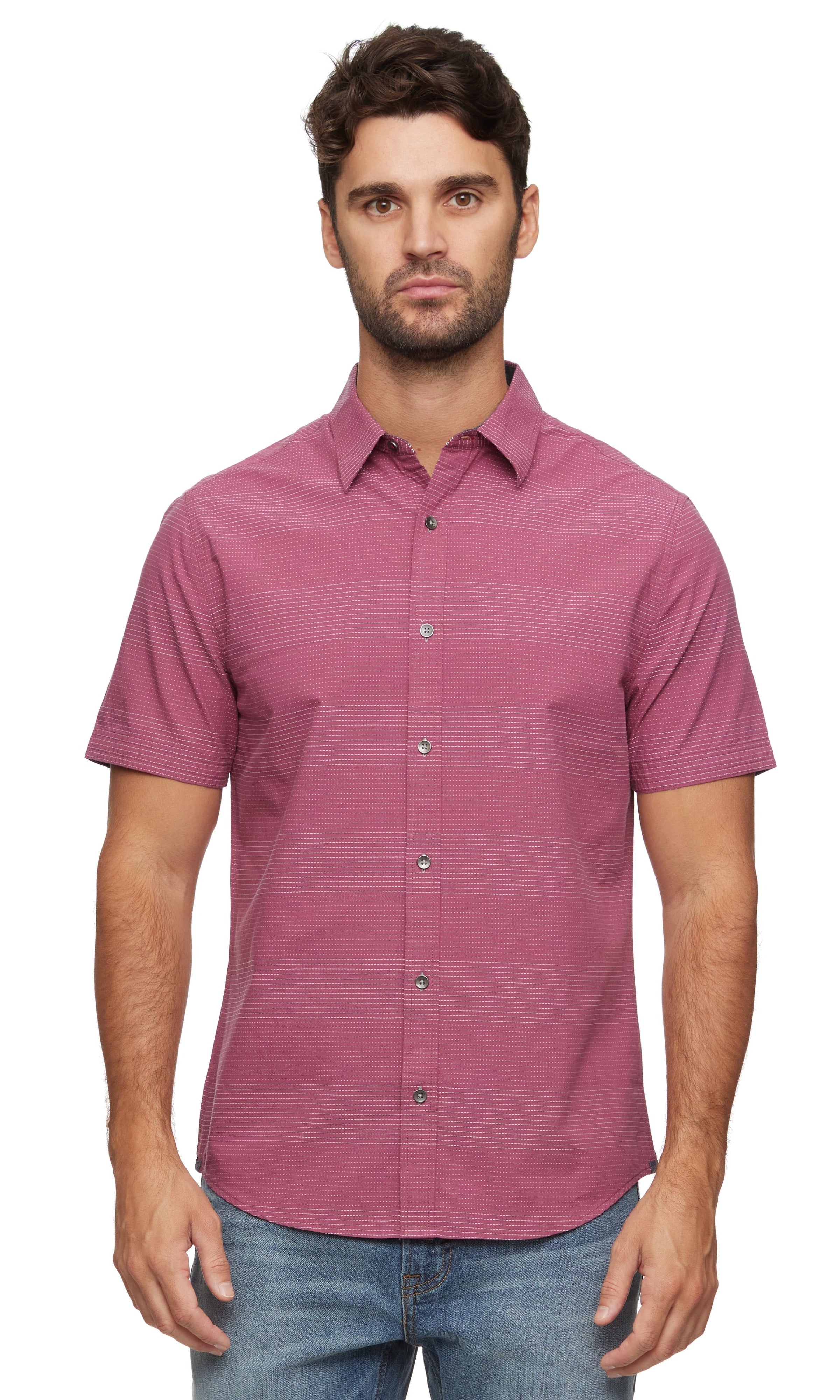 Wholesale,Flag & Anthem, Flag & Anthem Mauve Monroe Dobby Stripe Short Sleeve Woven Shirt, Purple, Medium-44-TagMLarge-47-TagLExtra Large-50-TagXLSmall-42-TagSExtra Extra Large-56-TagXXL