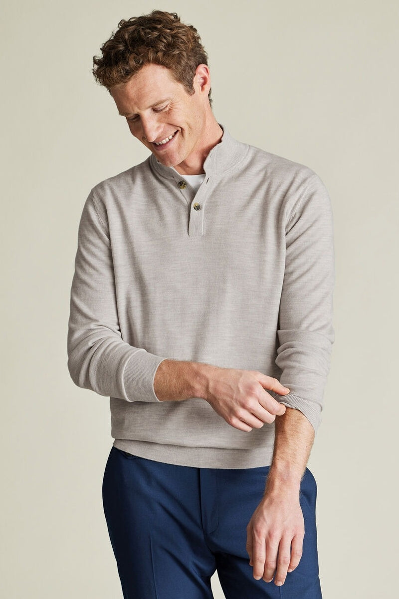 Wholesale,Charles Tyrwhitt, Charles Tyrwhitt Silver Grey Pure Merino Wool Button Neck Pullover, Grey, Medium-42-TagMLarge-45-TagLExtra Large-48-TagXLExtra Extra Large-51-TagXXL