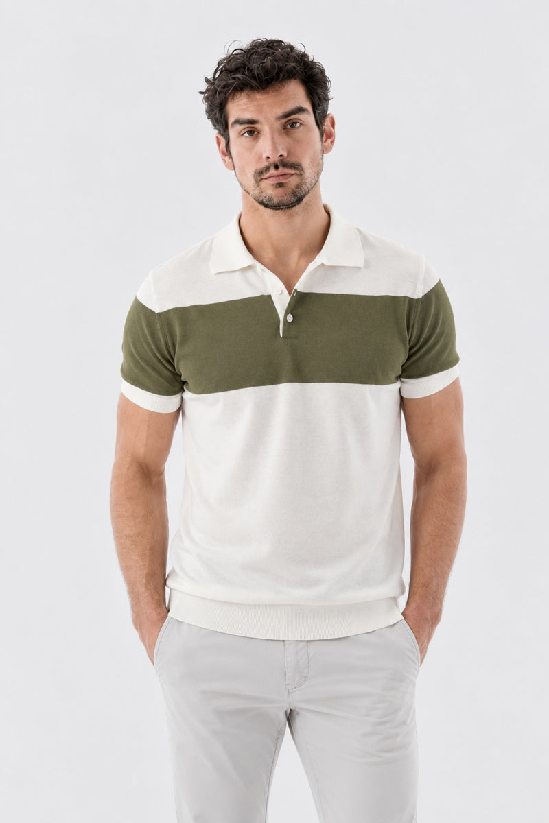 Wholesale,Jakamen, Jakamen White With Olive Green Colorblock Knit Polo, White, Medium-40-TagM