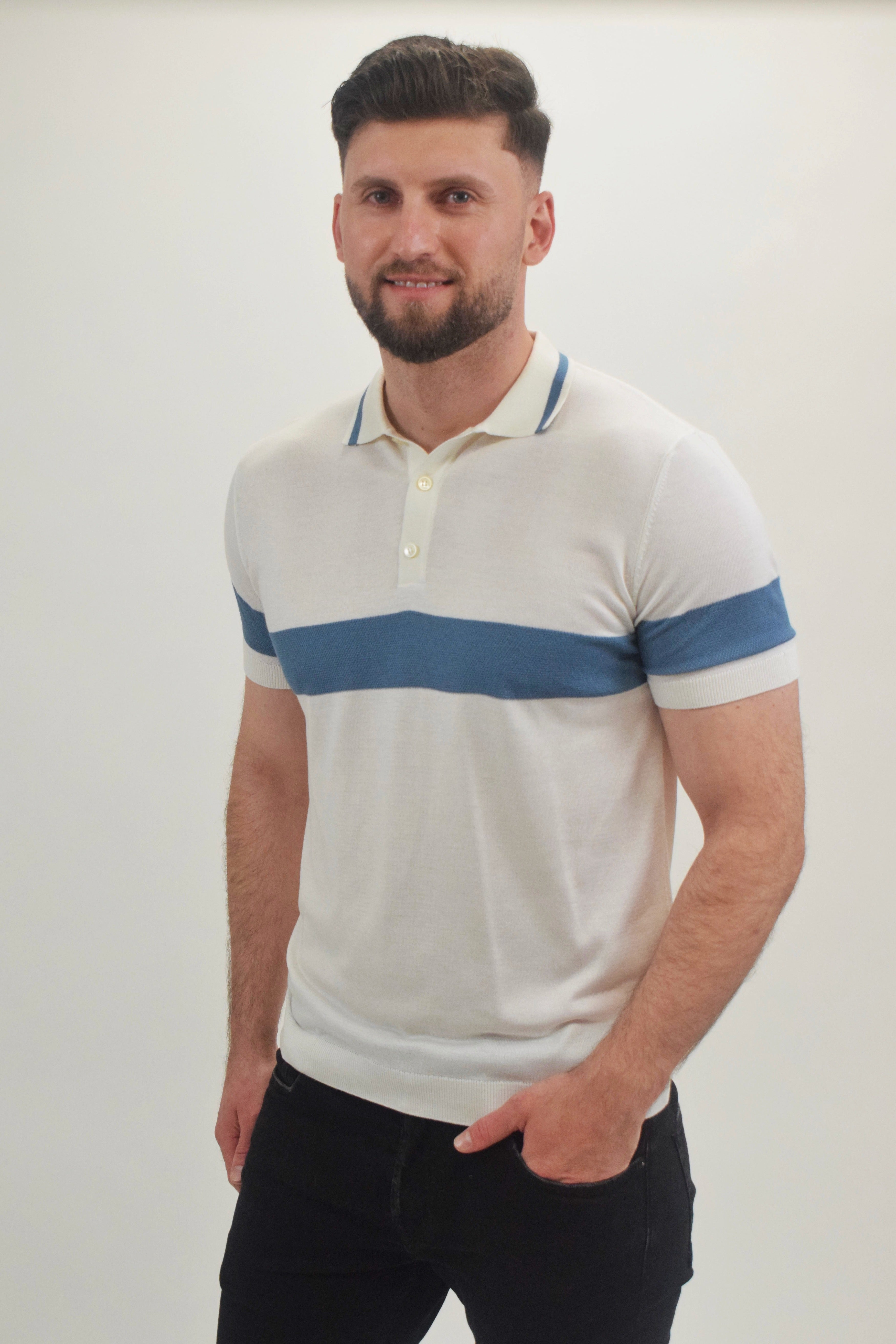 Wholesale,Suit Sartoria, Suit Sartoria White With Light Blue Stripe Button Up Knit Short Sleeve Polo, White, Extra Large-48-TagXXLLarge-44-TagLMedium-42-TagMMedium-40-TagXLSmall-40-TagS