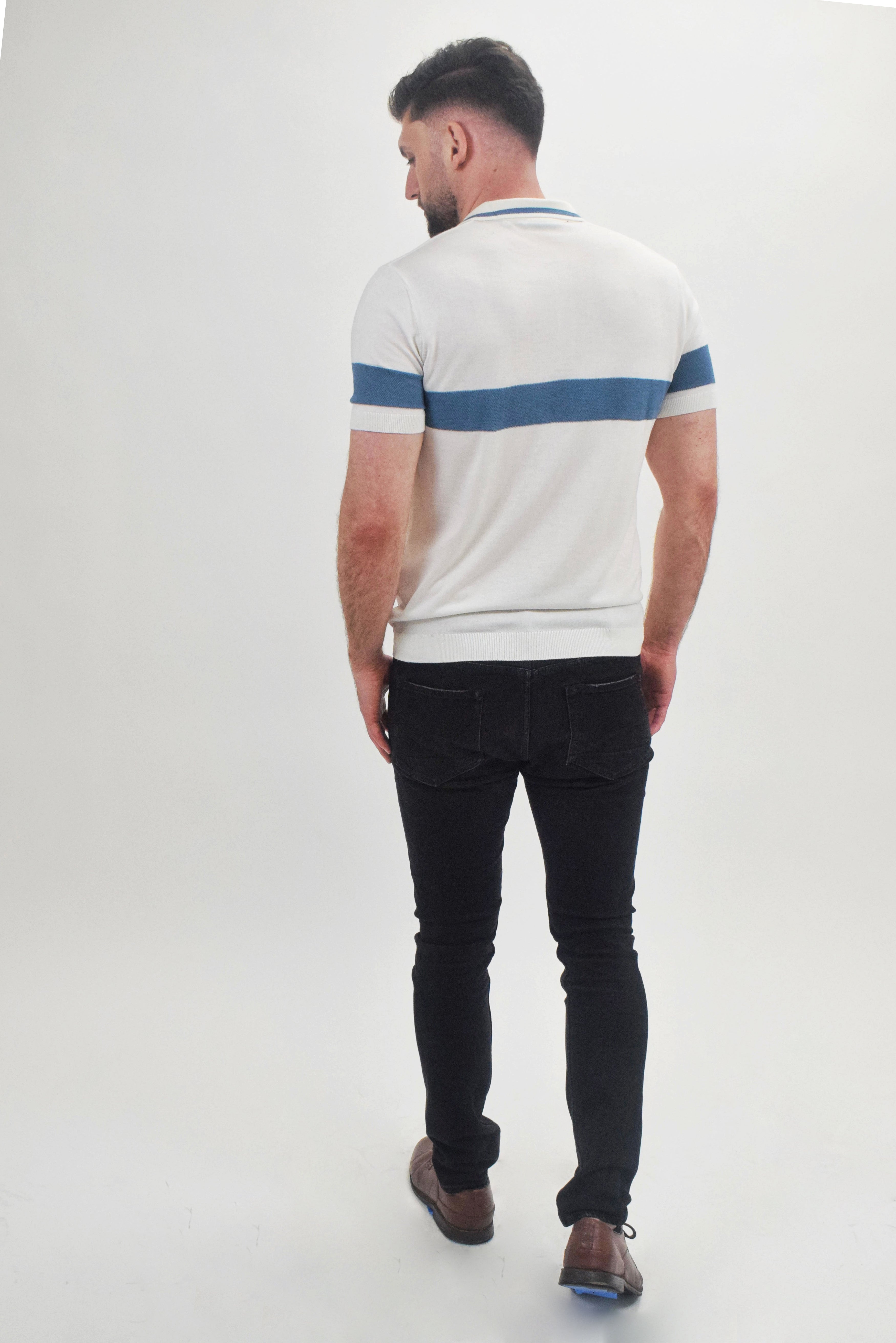 Wholesale,Suit Sartoria, Suit Sartoria White With Light Blue Stripe Button Up Knit Short Sleeve Polo, White, Extra Large-48-TagXXLLarge-44-TagLMedium-42-TagMMedium-40-TagXLSmall-40-TagS