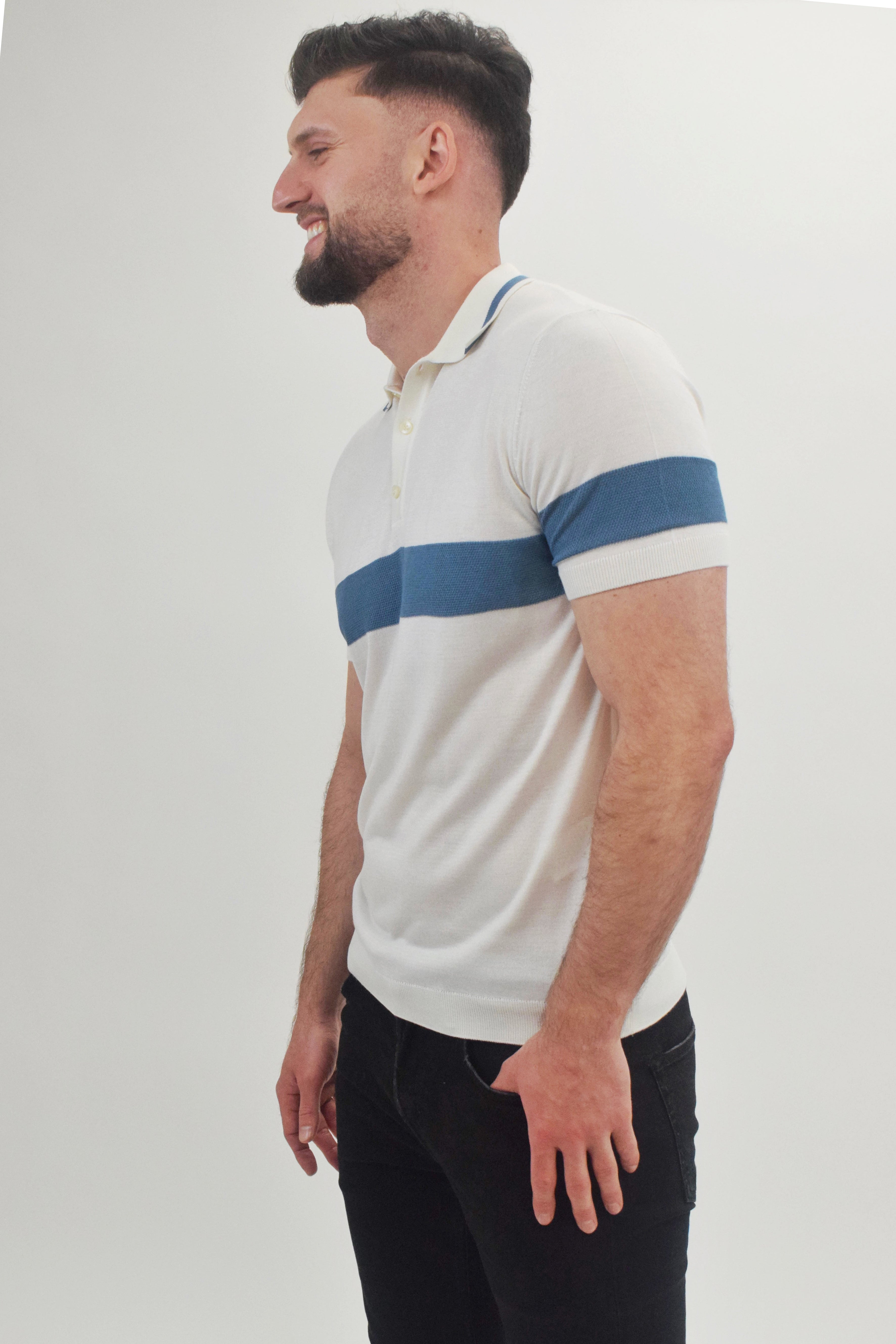 Wholesale,Suit Sartoria, Suit Sartoria White With Light Blue Stripe Button Up Knit Short Sleeve Polo, White, Extra Large-48-TagXXLLarge-44-TagLMedium-42-TagMMedium-40-TagXLSmall-40-TagS