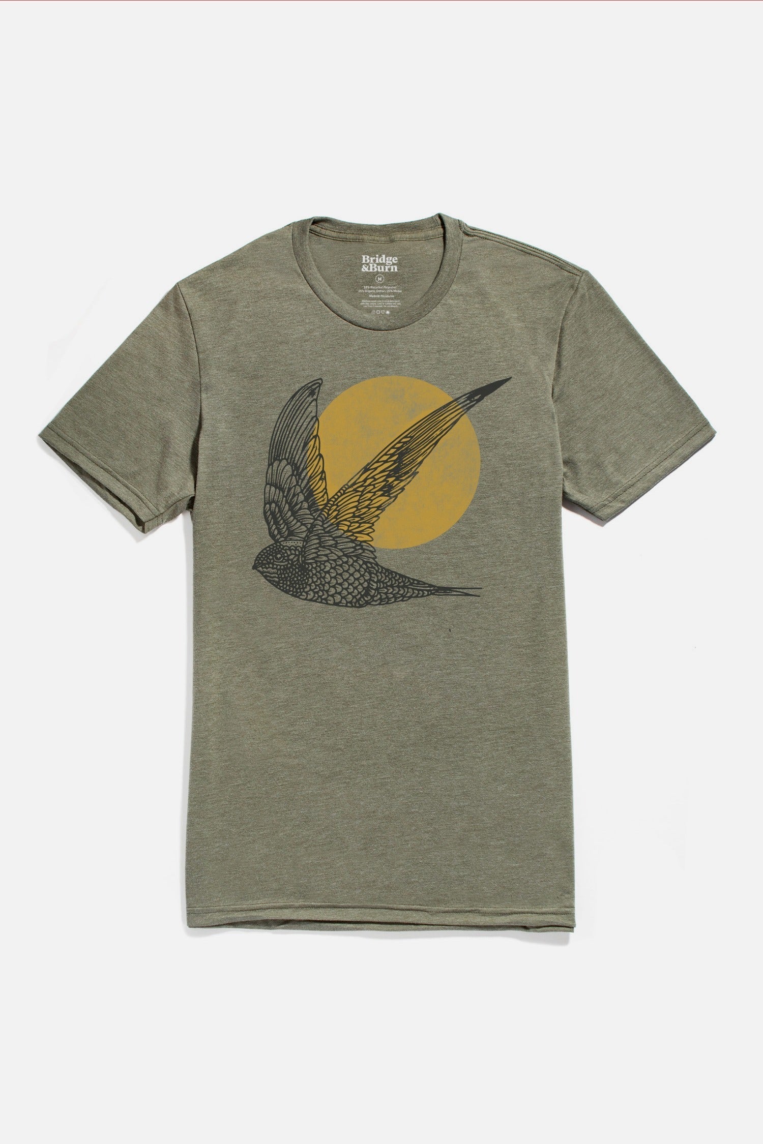 Faire,Bridge & Burn, Bridge & Burn Olive Flown Bird Print Graphic Tee, Green, Small-37-TagSMedium-40-TagMLarge-43-TagLExtra Large-46-TagXLExtra Extra Large-49-TagXXL