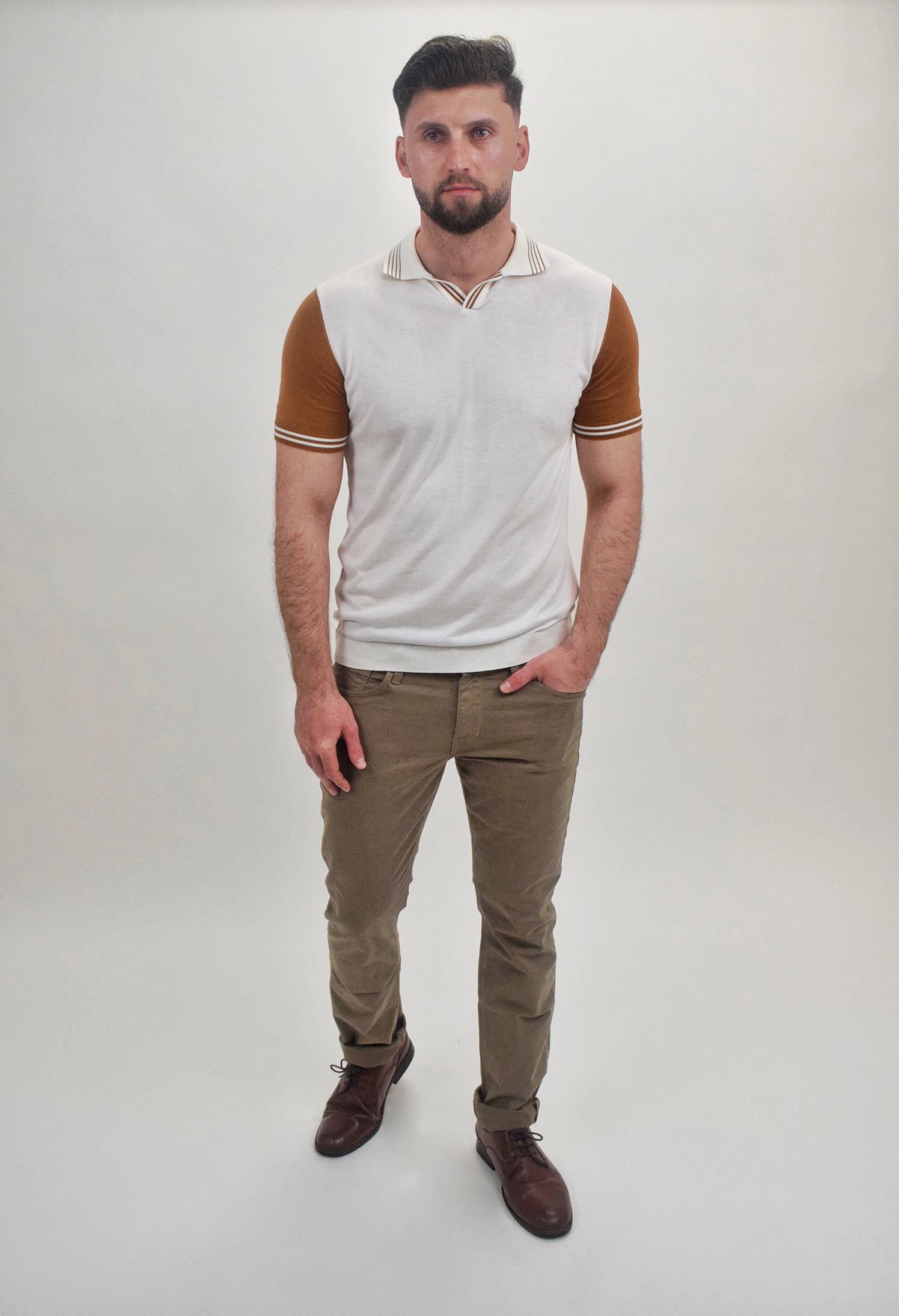 Wholesale,Suit Sartoria, Suit Sartoria Cream With Dark Orange Contrast Sleeve Buttonless Knit Short Sleeve Polo, White, Extra Large-47-TagXXL