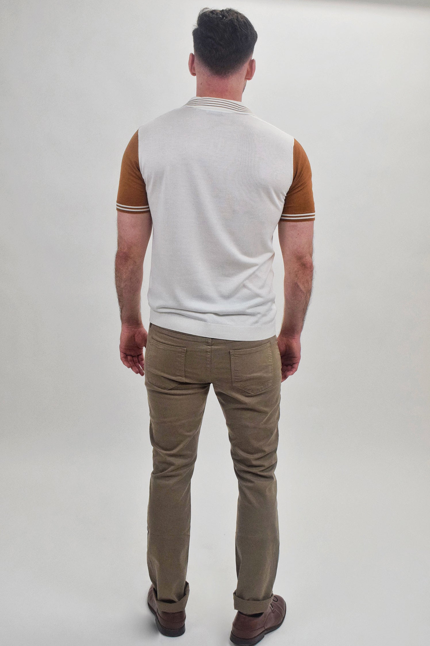 Wholesale,Suit Sartoria, Suit Sartoria Cream With Dark Orange Contrast Sleeve Buttonless Knit Short Sleeve Polo, White, Extra Large-47-TagXXL