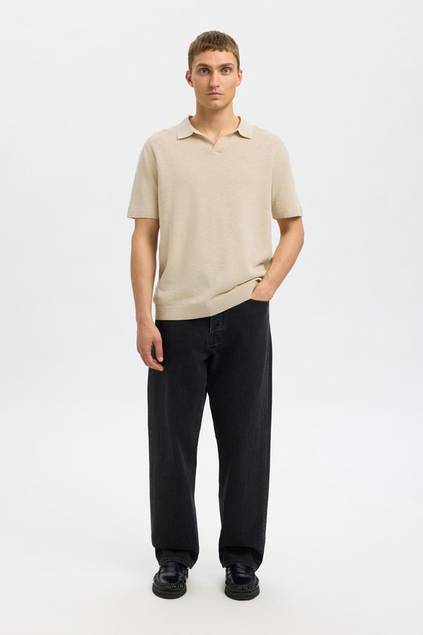 Selected Homme Oatmeal Knitted Open V Polo