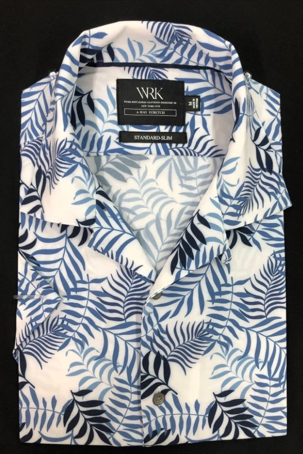 Faire,W.R.K., W.R.K Blue Tropical Print Camp Collar Performance Short Sleeve Shirt, Blue, Large-44-TagL
