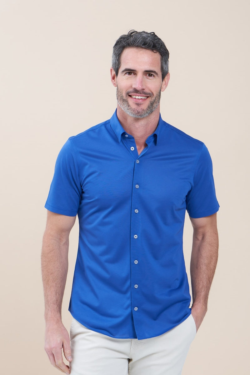 Direct From Brand,R2 Amsterdam, R2 Amsterdam Royal Blue Knitted Pique Short Sleeve Shirt, Blue, Medium-42-Tag40