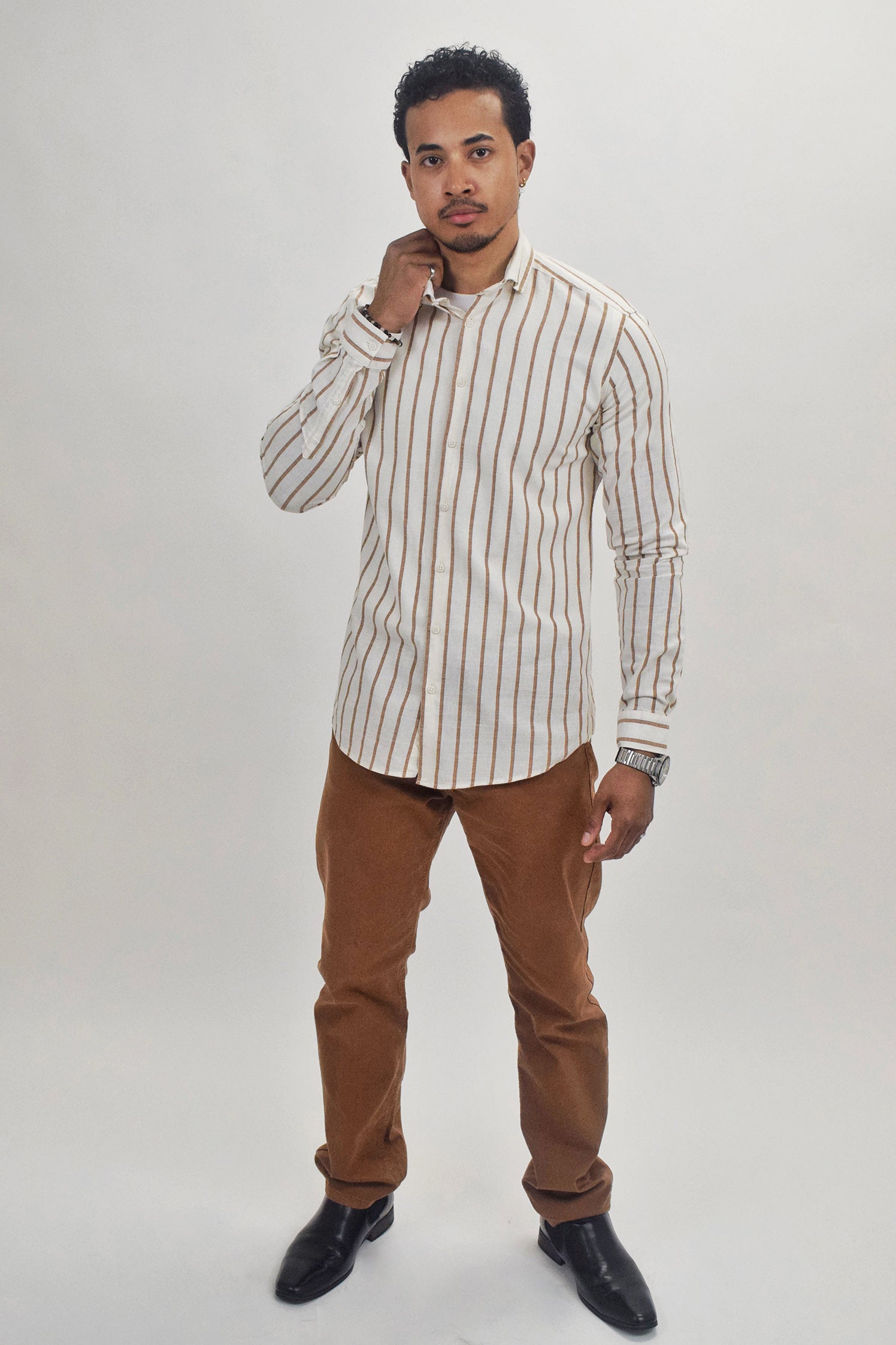 Wholesale,Suit Sartoria, Suit Sartoria Cream And Brown Horizontally Striped Long Sleeve Slim Fit Button Up Shirt, White, Medium-43-TagM