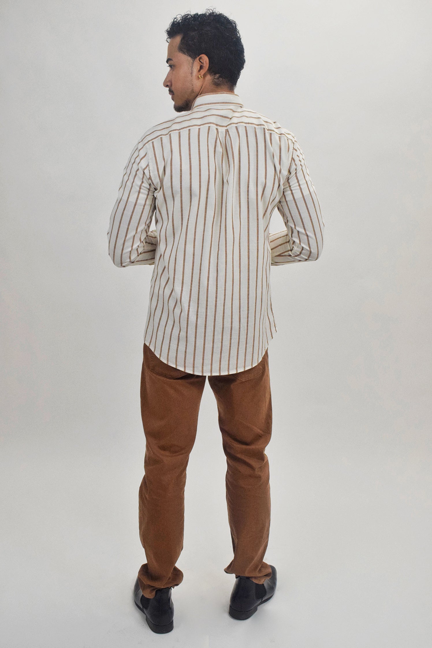 Wholesale,Suit Sartoria, Suit Sartoria Cream And Brown Horizontally Striped Long Sleeve Slim Fit Button Up Shirt, White, Large-47-TagXXLLarge-46-TagXLMedium-43-TagMSmall-41-TagS