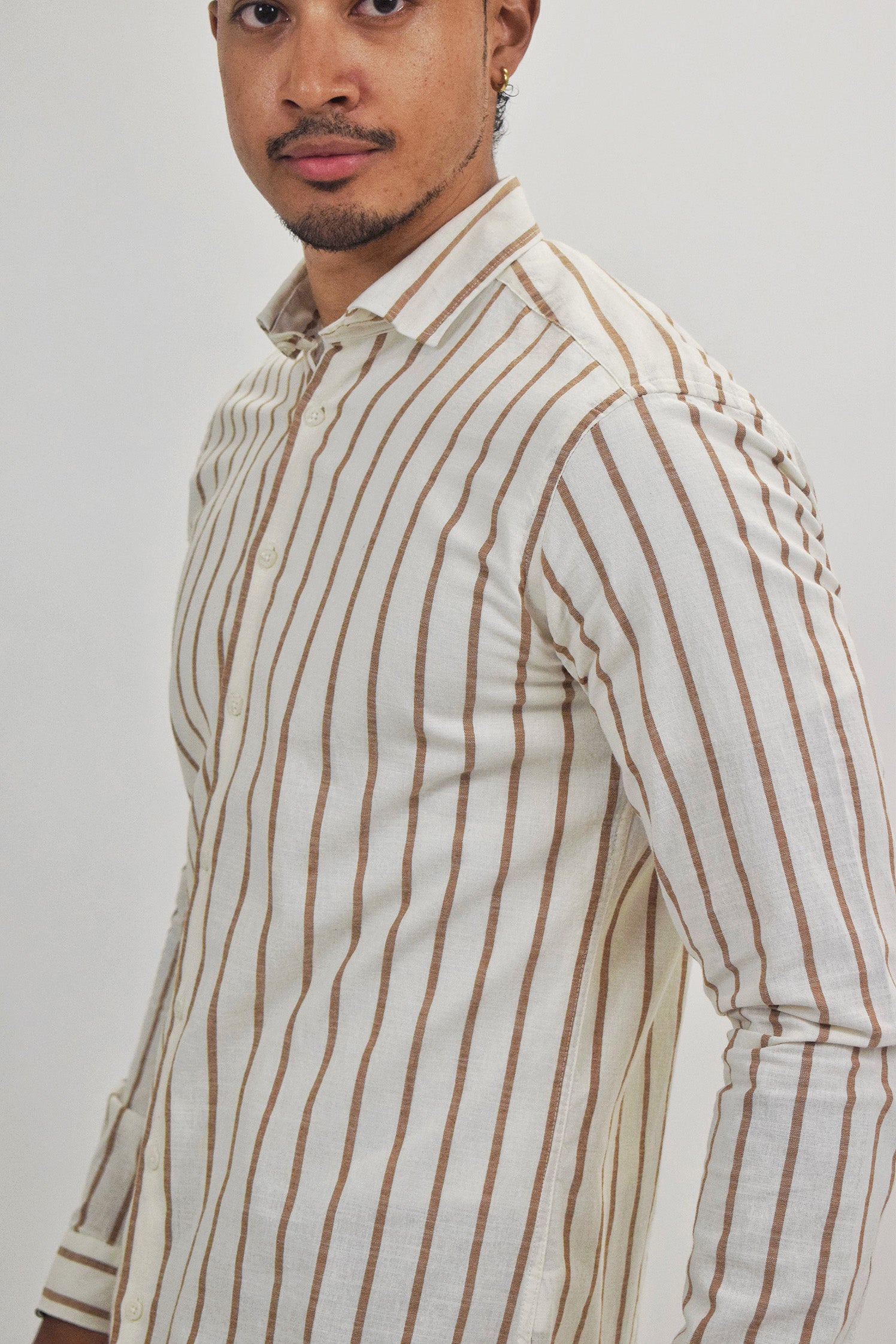 Wholesale,Suit Sartoria, Suit Sartoria Cream And Brown Horizontally Striped Long Sleeve Slim Fit Button Up Shirt, White, Large-46-TagXL