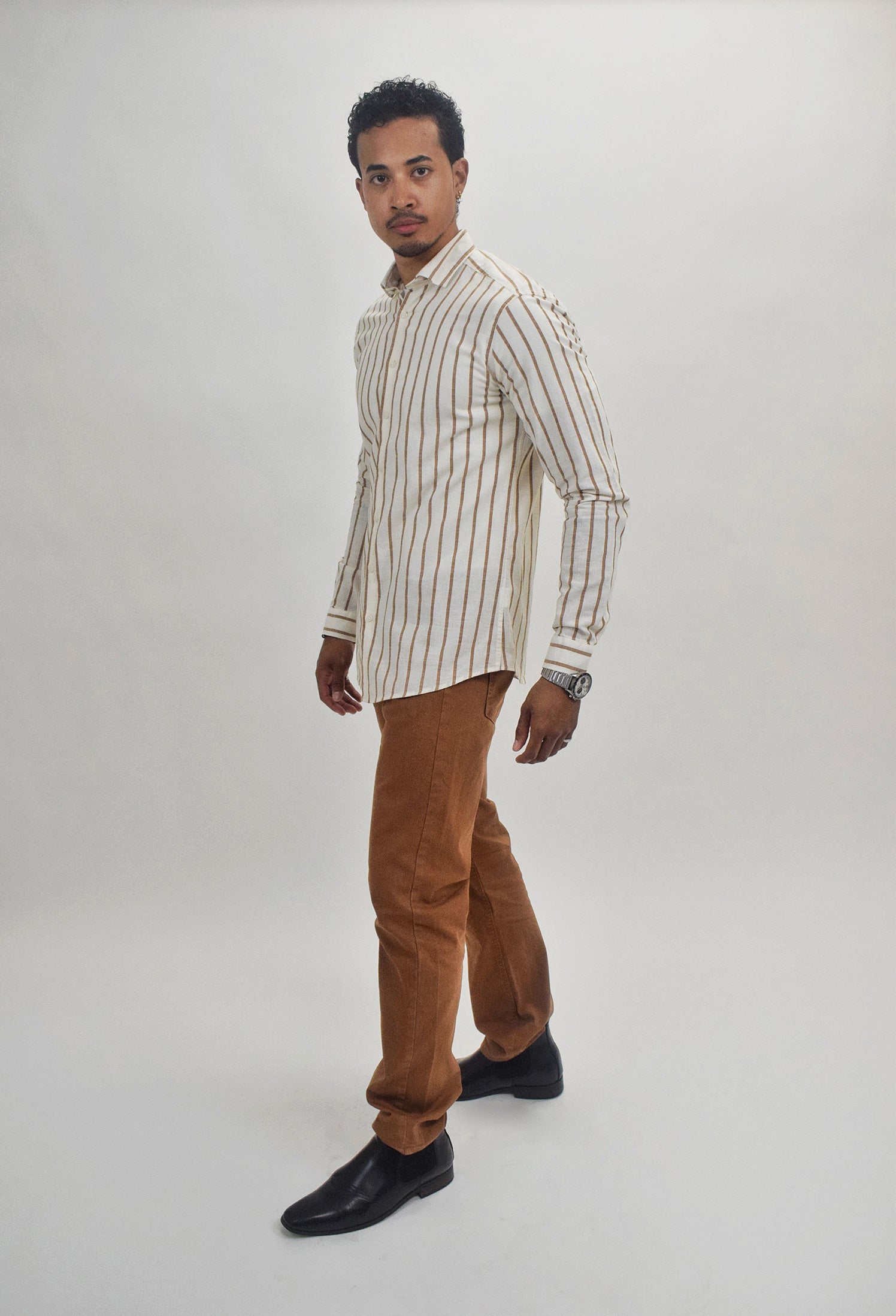 Wholesale,Suit Sartoria, Suit Sartoria Cream And Brown Horizontally Striped Long Sleeve Slim Fit Button Up Shirt, White, Large-47-TagXXLLarge-46-TagXLMedium-43-TagMSmall-41-TagS