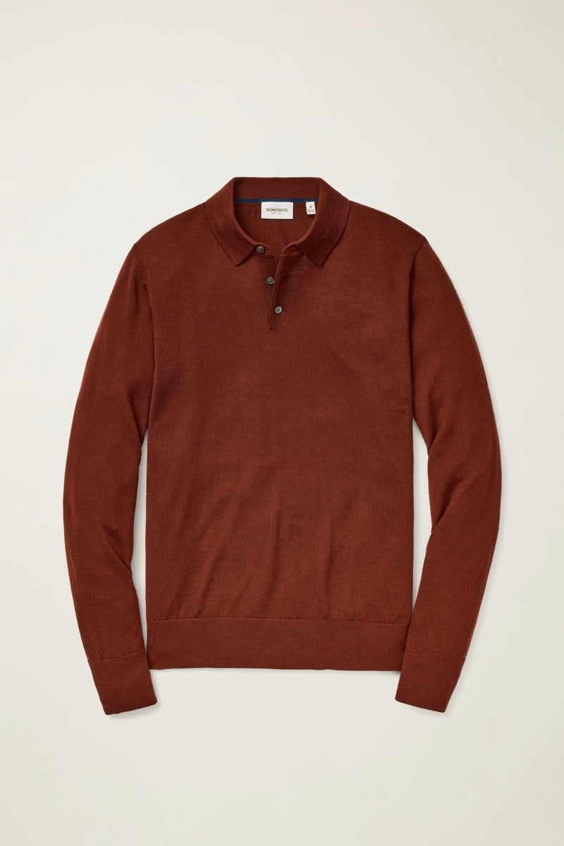Wholesale,Bonobos, Bonobos Dark Amber Merino Wool Sweater Polo, Brown, Extra Extra Large-51-TagXXLExtra Large-48-TagXLMedium-42-TagMSmall-40-TagSLarge-45-TagL