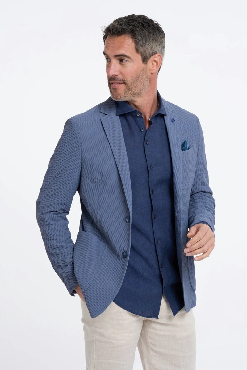 Direct From Brand,R2 Amsterdam, R2 Amsterdam Denim Blue Textured Stretch Travel Blazer, Blue, Medium-40-Tag50Large-42-Tag52Large-42-Tag54Large-44-Tag56Extra Large-46-Tag58