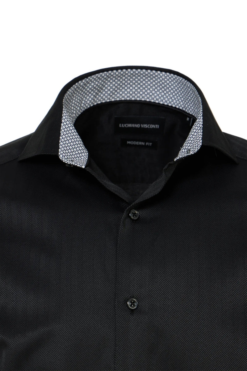 Wholesale,Luchiano Visconti, Luchiano Visconti Black Herringbone Shirt, Black, Small-42-TagSMedium-46-TagMLarge-48-TagLExtra Large-52-TagXLExtra Extra Large-54-TagXXL