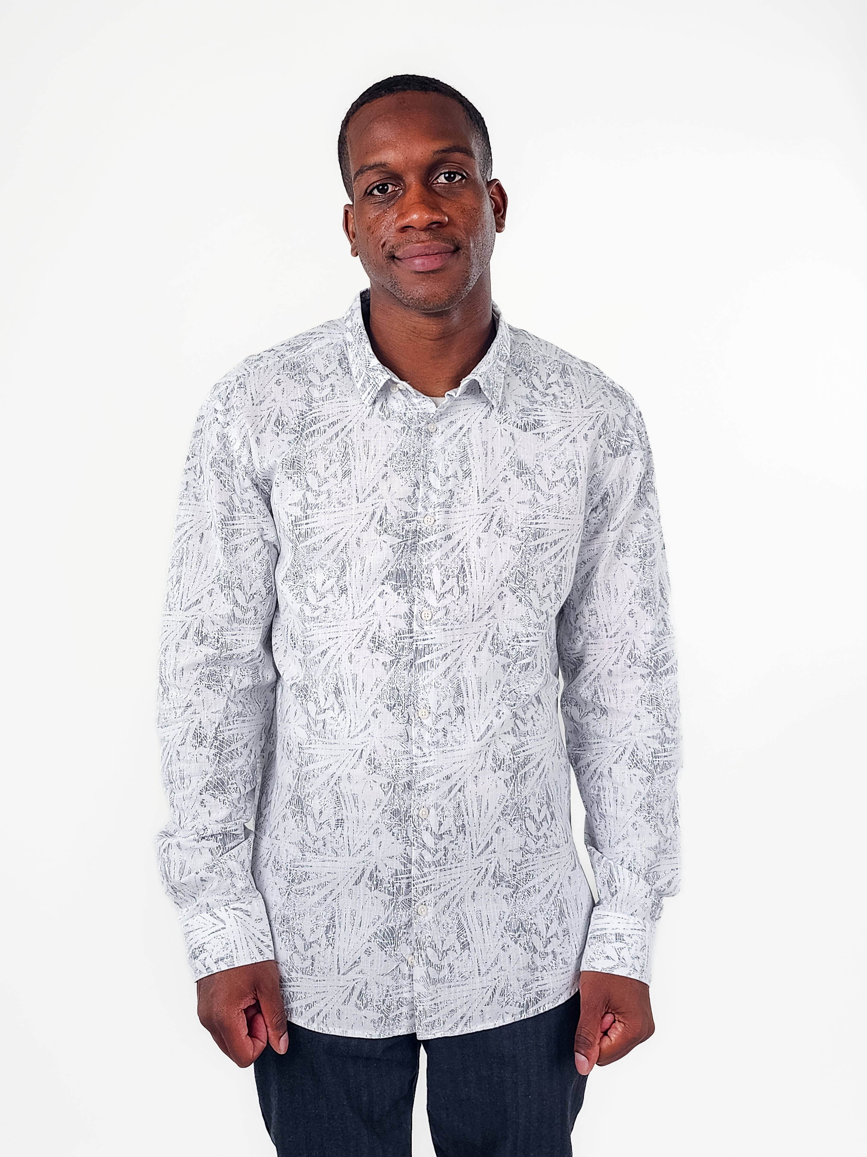 Wholesale,Suit Sartoria, Suit Sartoria White And Grey Abstract Floral Print Slim Fit Long Sleeve Button Up Shirt, White, Medium-43-TagM