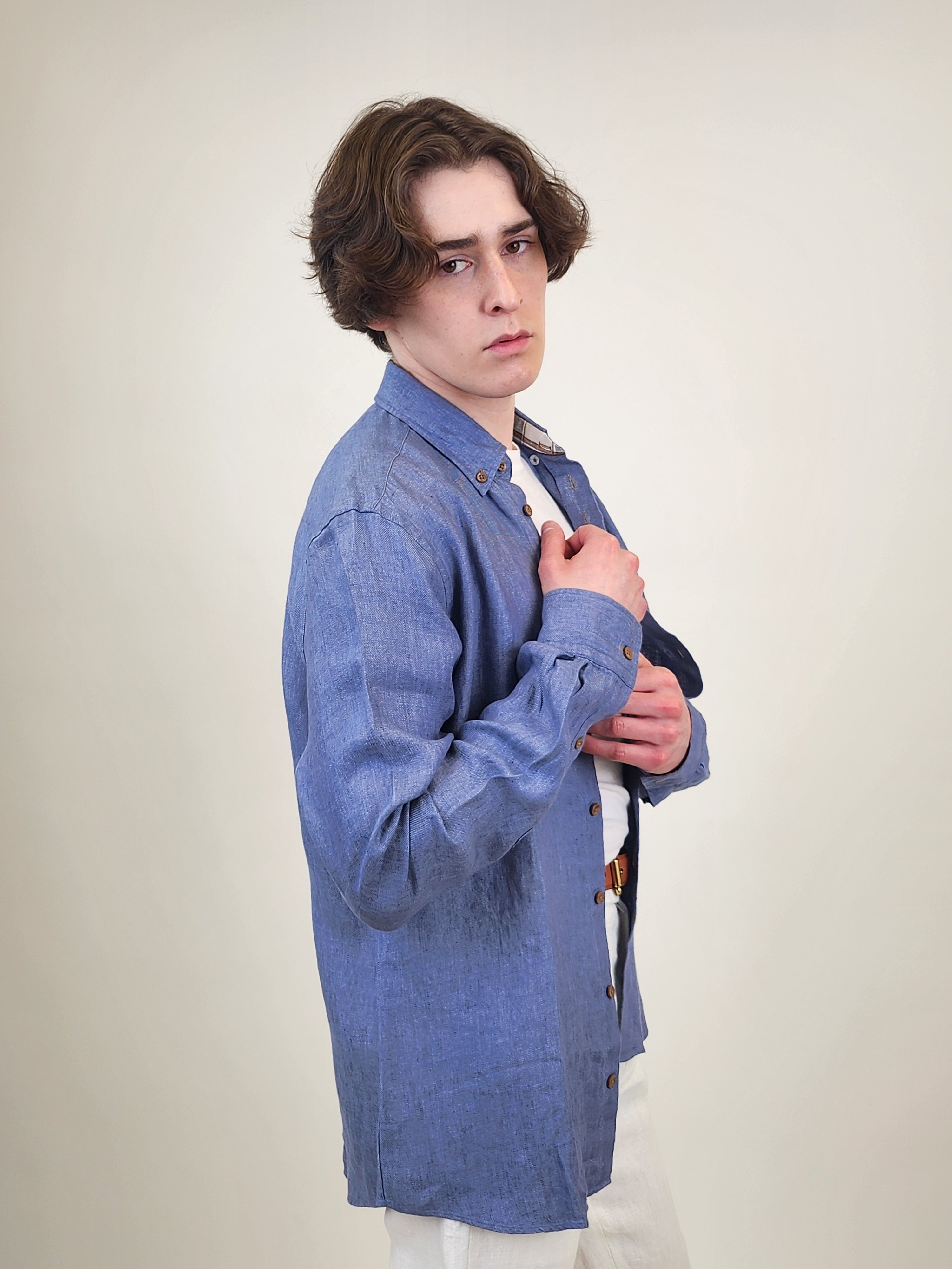 Brand Partner,R2 Amsterdam, R2 Amsterdam Blue Linen  Button Up Shirt with Plaid Contrast, Blue, Small-41-Tag39