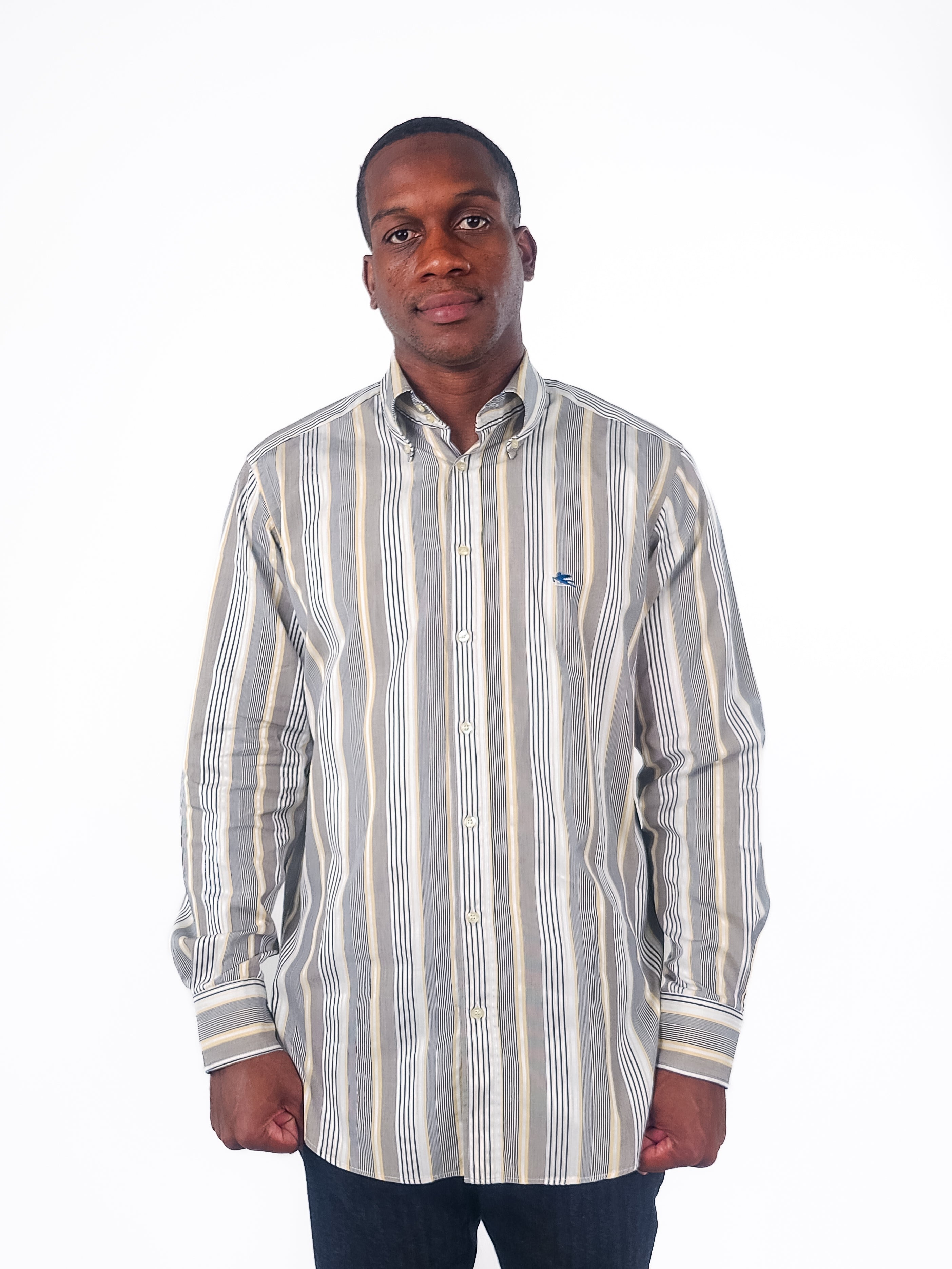 The RealReal,Etro, Etro Blue/Yellow Variegated Stripe Button Up Shirt, Grey, Large-46-TagL