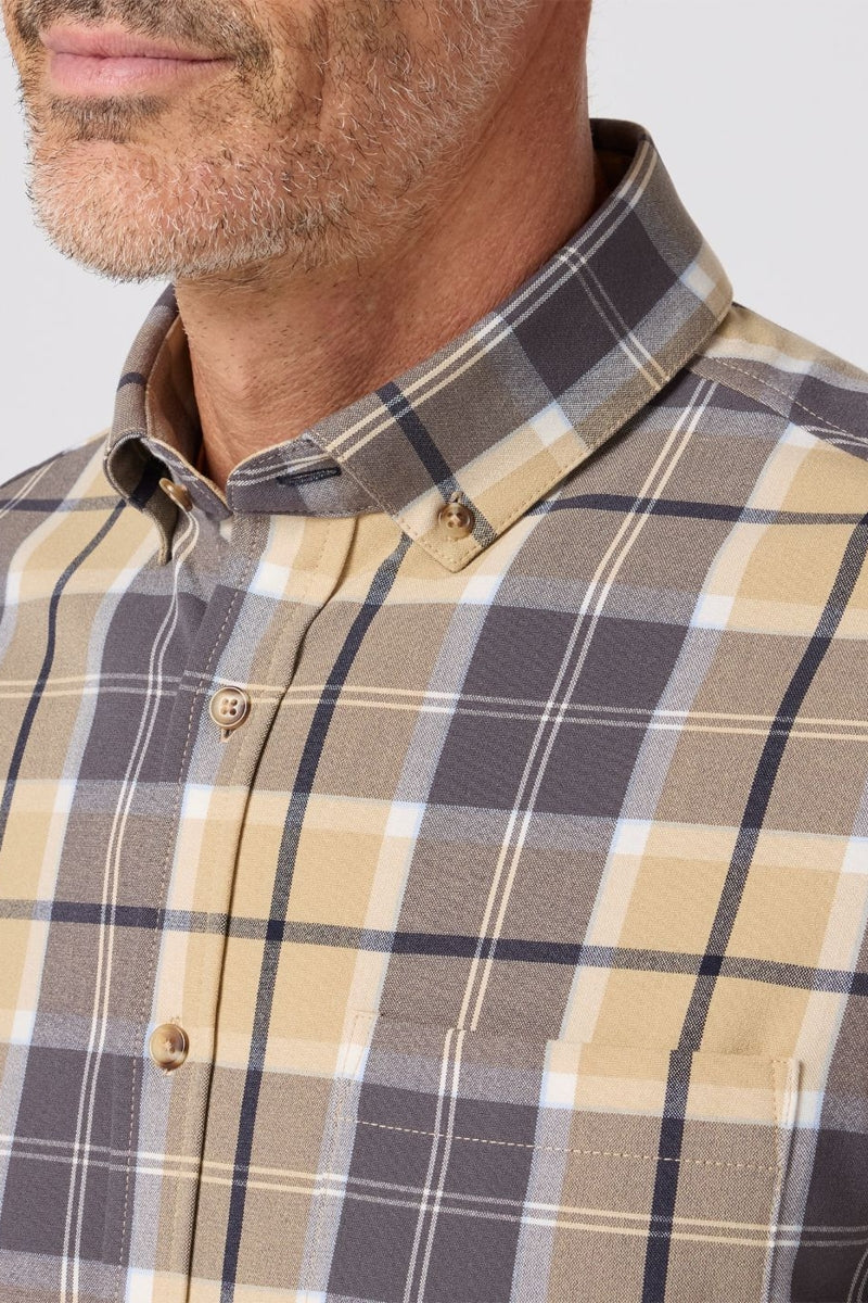 Wholesale,Mizzen + Main, Mizzen + Main Beige/Khaki Plaid Trim Flannel Shirt, Tan, Small-42-TagS