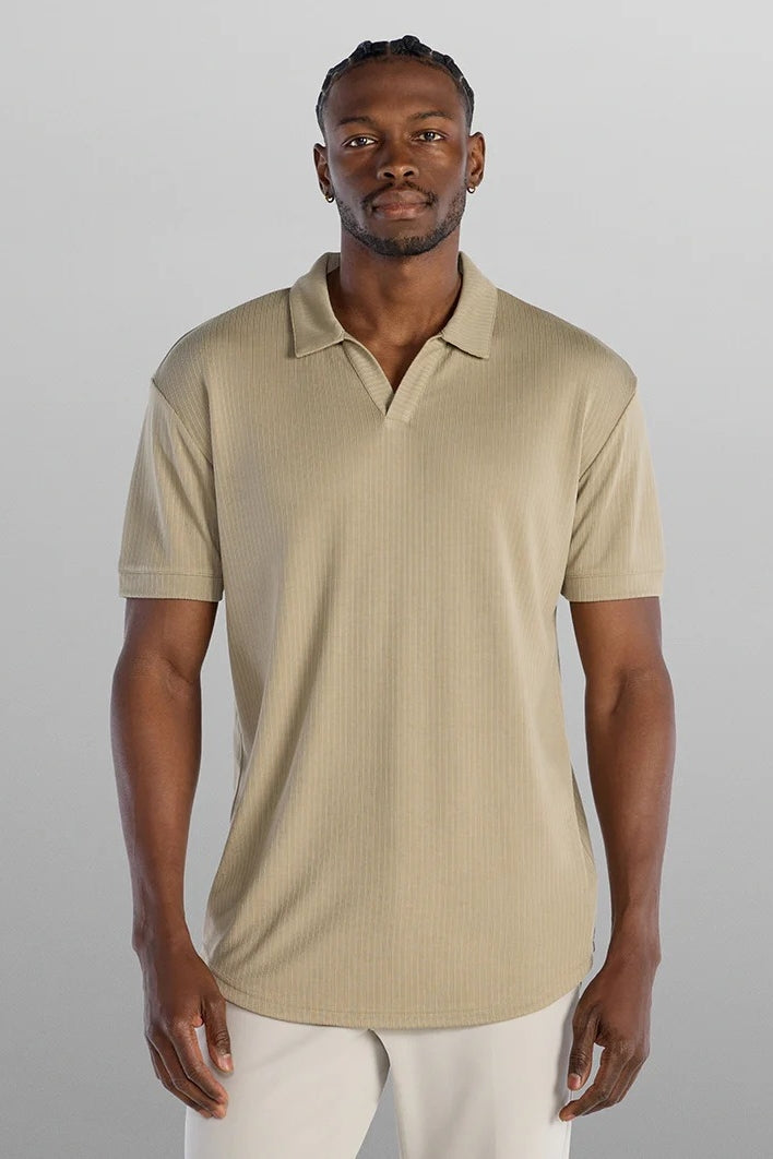 Wholesale,BYLT, BYLT Khaki Ribbed Drop-cut Open V Polo, Tan, Small-40-TagSLarge-45-TagLExtra Large-48-TagXL