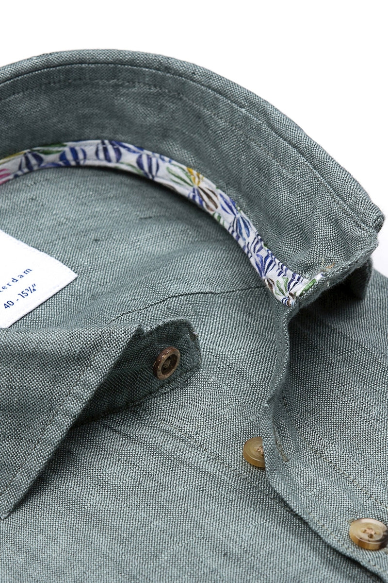 Direct From Brand,R2 Amsterdam, R2 Amsterdam Green Linen Short Sleeve Button Up Shirt, Green, Medium-43-Tag38