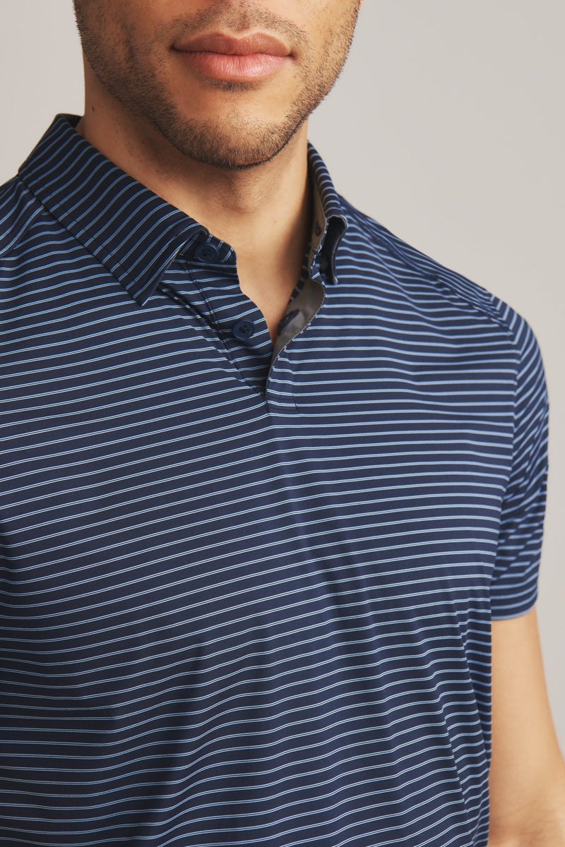 Wholesale,Rhone, Rhone Blue/Silver/Light Blue Double Stripe Slim Performance Polo, Blue, Small-39-TagSLarge-45-TagLMedium-42-TagMExtra Large-48-TagXLExtra Extra Large-50-TagXXL