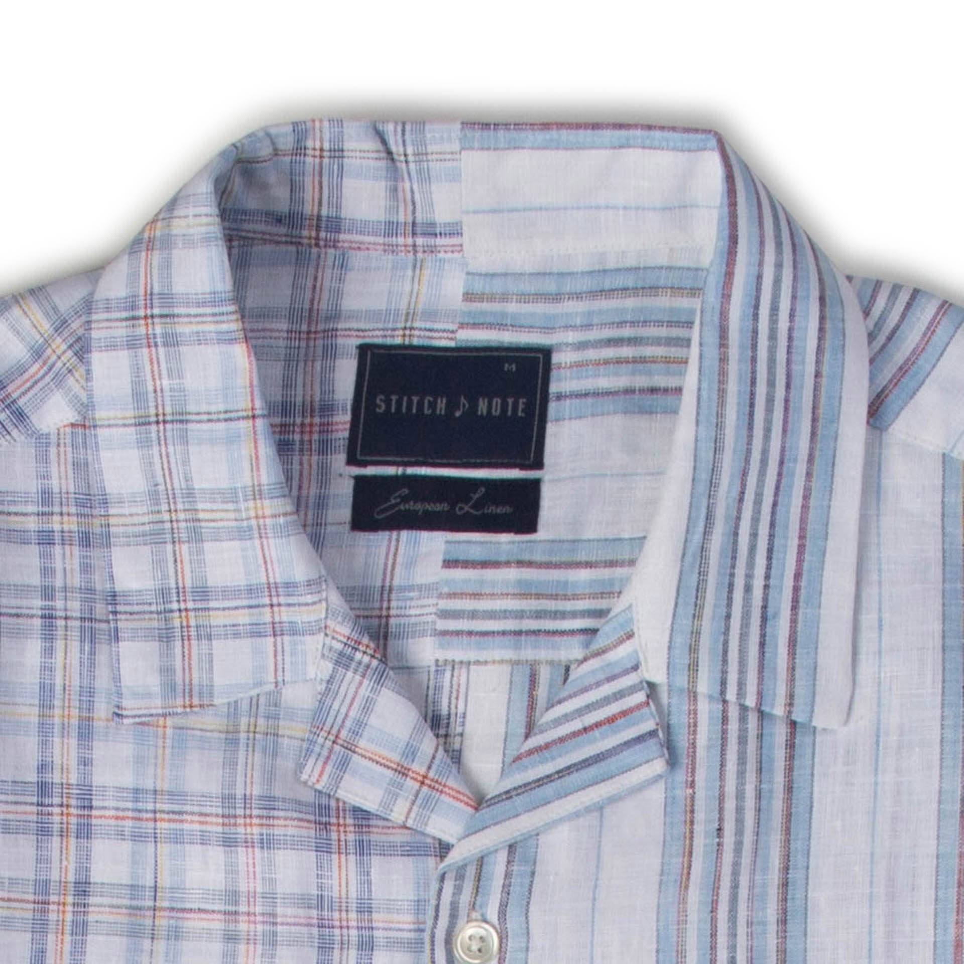 Brand Partner,Stitch Note, Stitch Note White/Blue Half Plaid Half Stripe European Linen Split Body Shirt, White, Small-40-TagSMedium-42-TagMMedium-44-TagLLarge-46-TagXLExtra Large-48-TagXXL