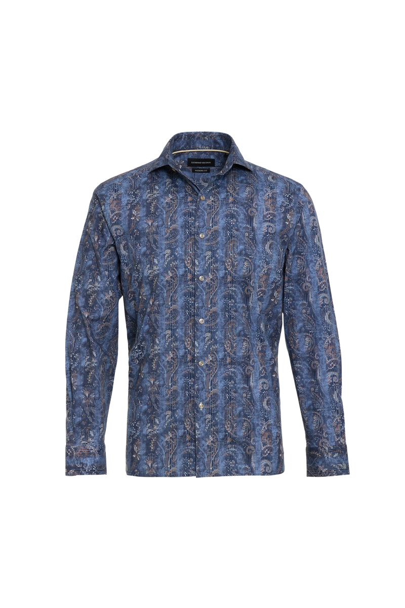 Wholesale,Luchiano Visconti, Luchiano Visconti Indigo Paisley Print Stretch Shirt, Blue, Extra Large-50-TagXL