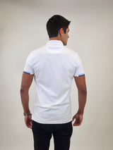 R2 Amsterdam White Polo with Light Blue Contrast on Sleeves