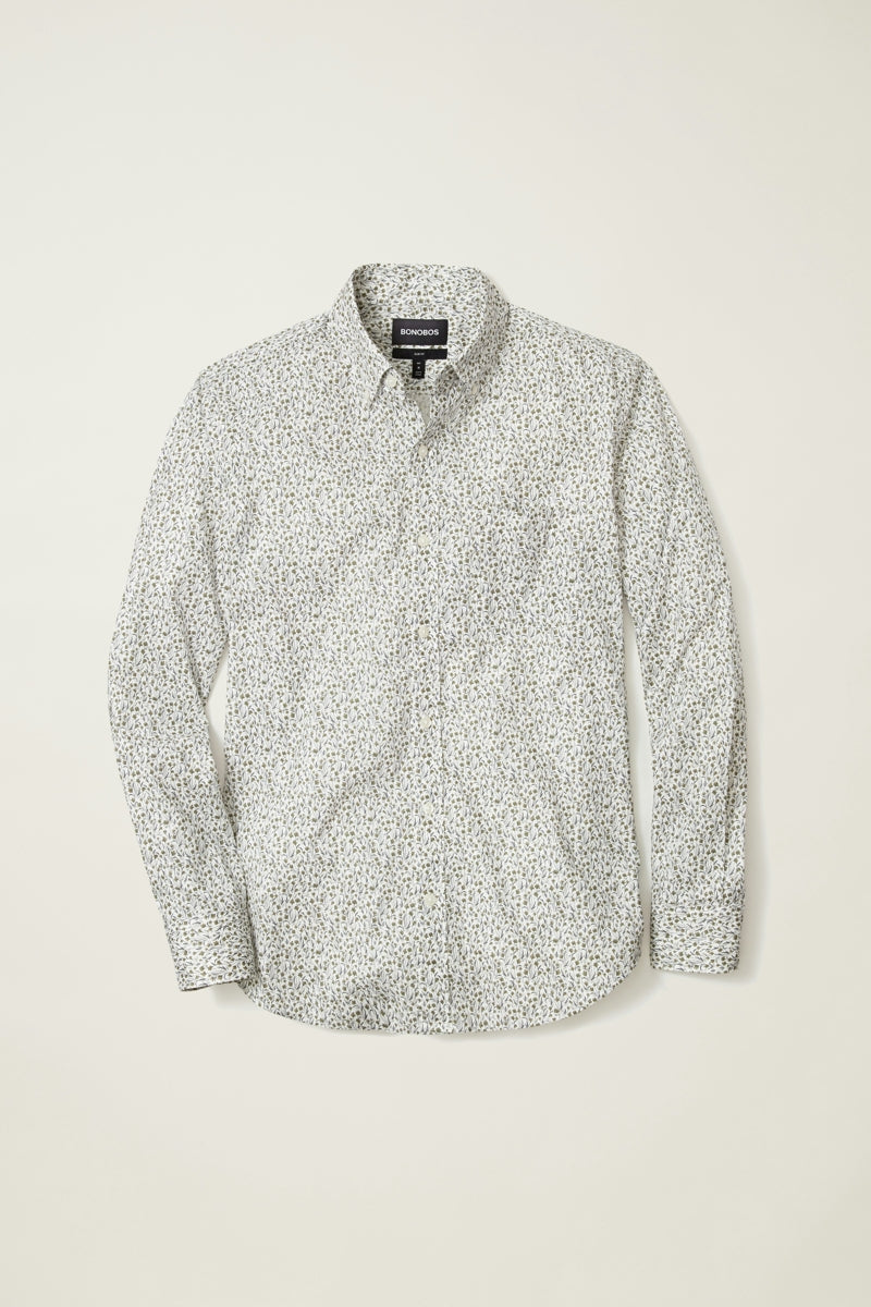 Wholesale,Bonobos, Bonobos Olive Floral Scatter Print Stretch Shirt, Green, Small-40-TagSMedium-43-TagMExtra Large-49-TagXLExtra Extra Large-52-TagXXL