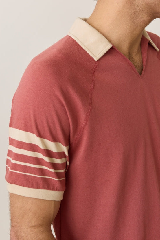 Wholesale,Marine Layer, Marine Layer Brick with Tan Contrast Varsity Rib Polo, Red, Small-40-TagSMedium-42-TagMLarge-45-TagLExtra Large-48-TagXLExtra Extra Large-50-TagXXL