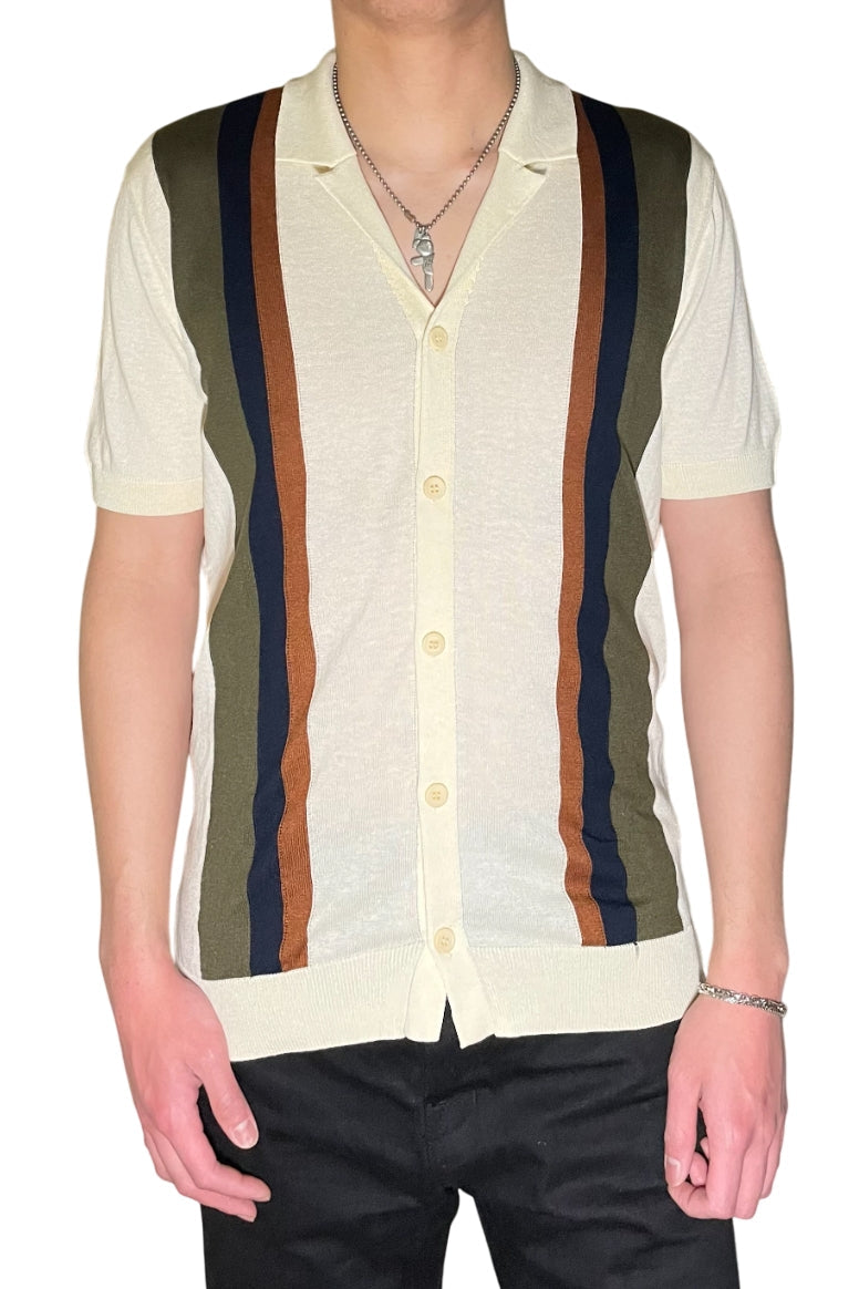 Mizumi Cream Color Block Multi-Stripe Knit Shirt