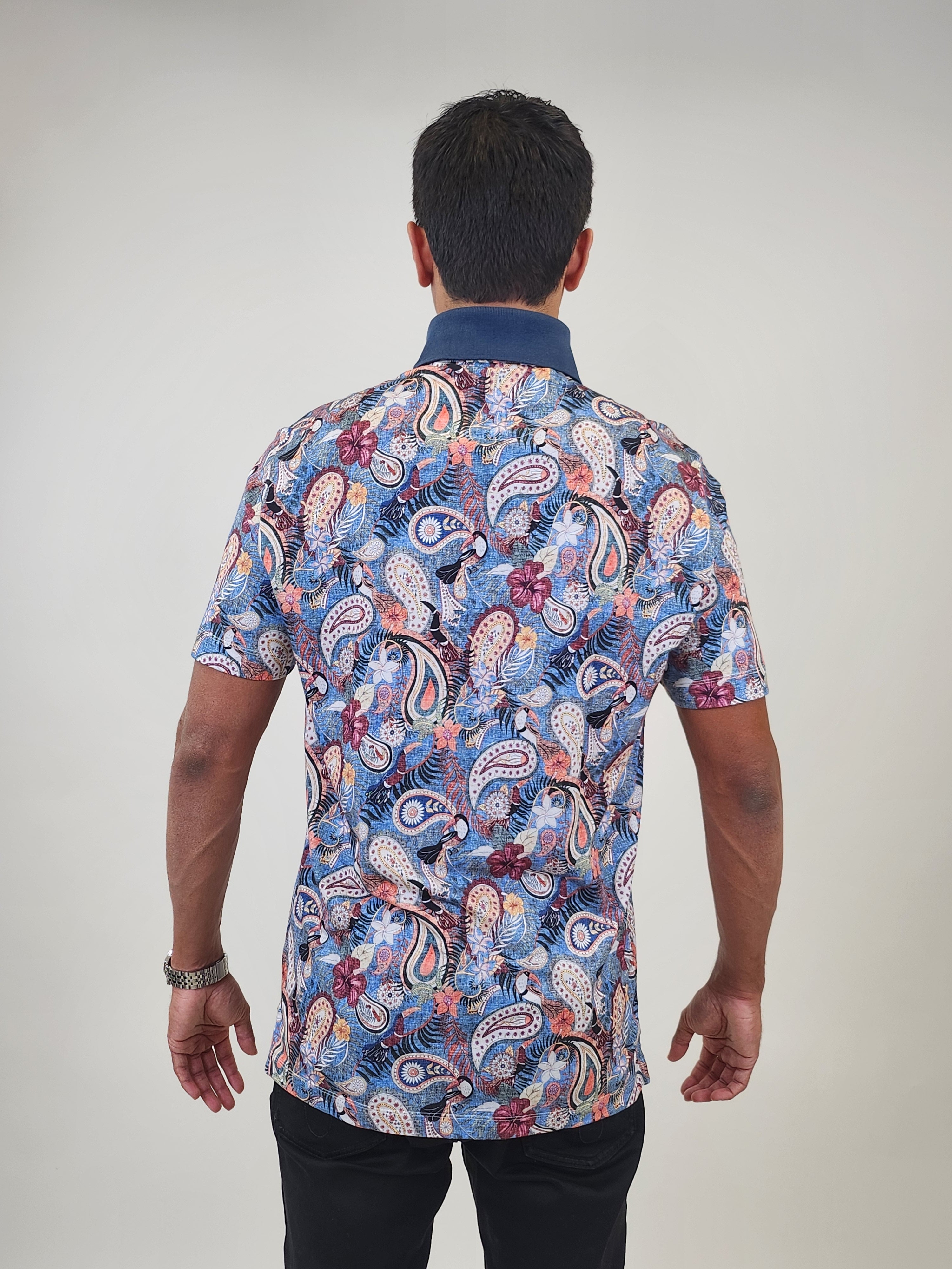 Brand Partner,R2 Amsterdam, R2 Amsterdam Blue Paisley Print Short Sleeve Polo, Blue, Large-42-TagL