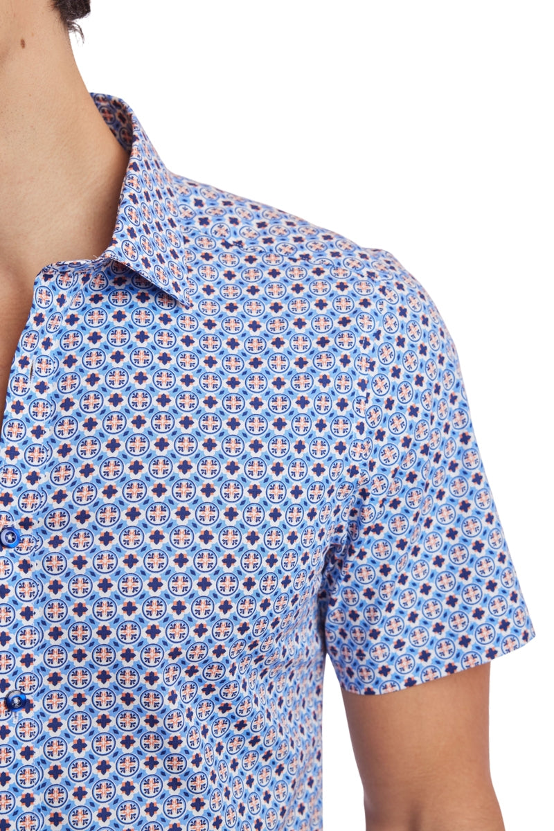 Wholesale,Paisley & Gray, Paisley & Gray Blue/Orange Geo Print Short Sleeve Shirt, Blue, Small-38-TagSSmall-40-TagMMedium-43-TagLLarge-46-TagXLExtra Large-49-TagXXL