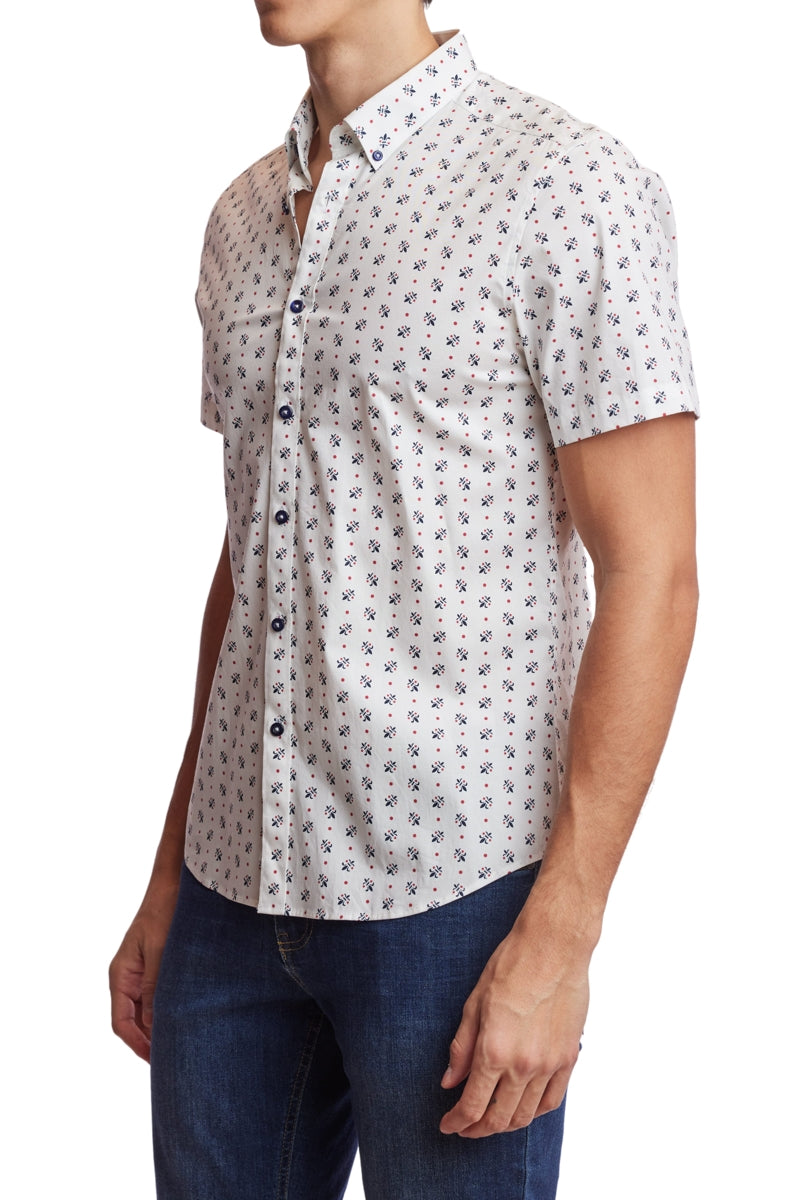 Wholesale,Paisley & Gray, Paisley & Gray White Fleur De Lis Print Short Sleeve Shirt, White, Small-38-TagSSmall-39-TagMSmall-40-TagMMedium-43-TagLExtra Large-49-TagXXLLarge-46-TagXL