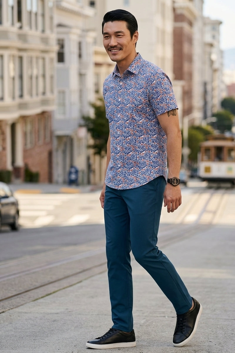 Wholesale,Bonobos, Bonobos Blue/Red Floral Scatter Print Stretch Shirt, Blue, Small-40-TagSMedium-43-TagMLarge-46-TagLExtra Large-49-TagXLExtra Extra Large-52-TagXXL