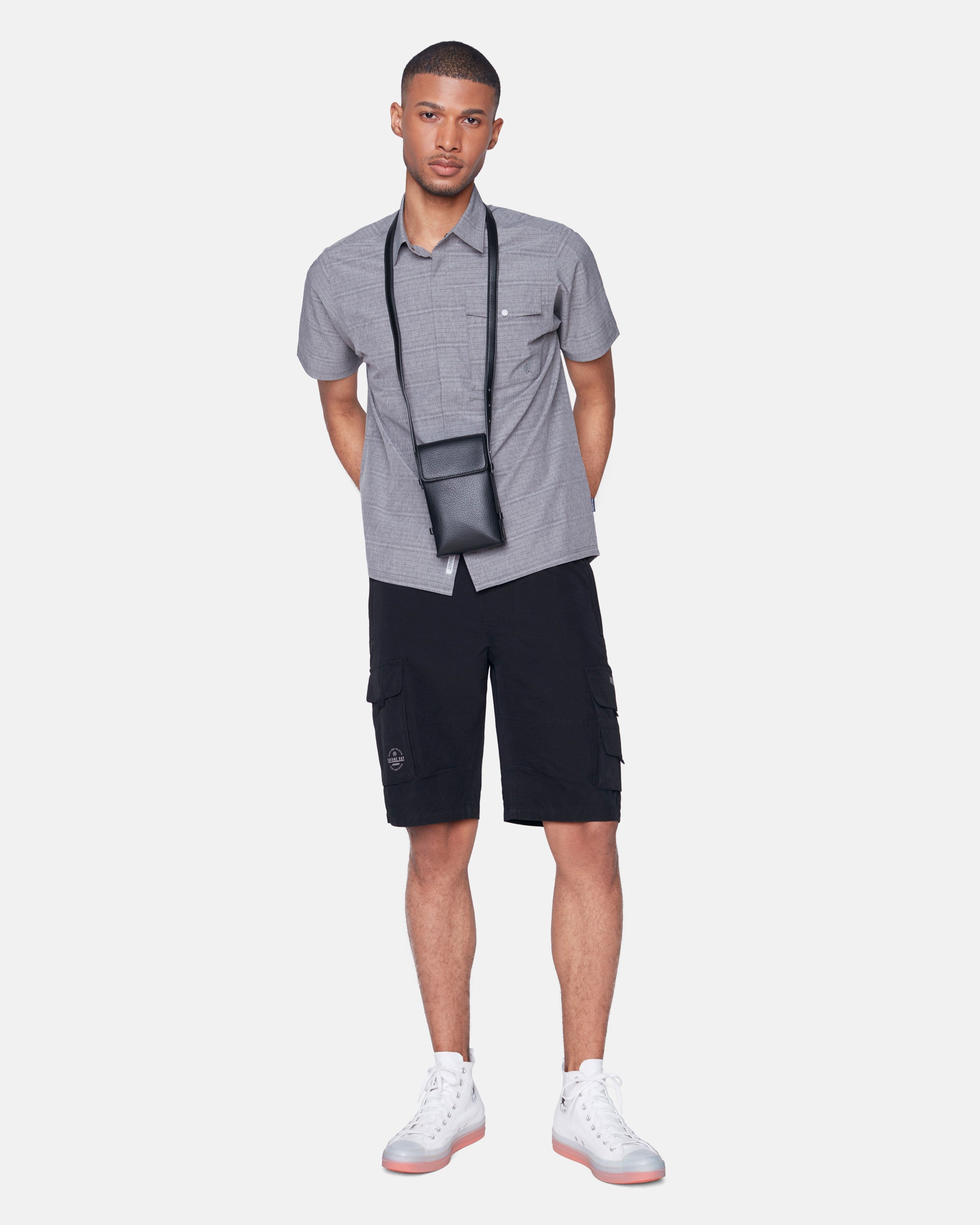 Wholesale,Projek Raw, Projek Raw Charcoal Stripe 4 Way Stretch Short Sleeve Button Up Shirt, Grey, Medium-43-TagM