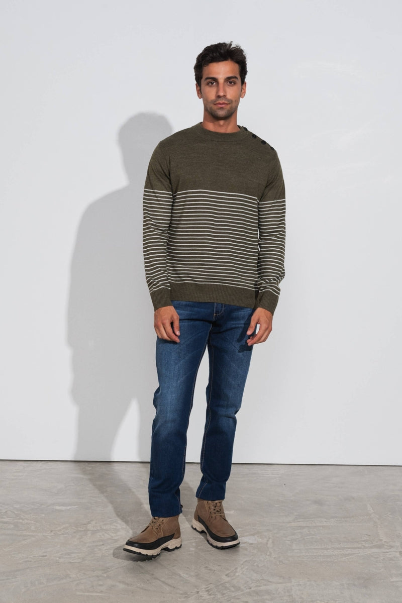 Faire,SMF, SMF Olive Striped Knit Sweater with Shoulder Button Detail, Green, Small-40-TagMMedium-42-TagLLarge-44-TagXLExtra Large-46-TagXXL