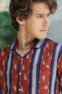 Faire,Pali, Pali Rust/Blue Striped Cuban Collar Handwoven Ikat Shirt, Red, Large-44-TagL