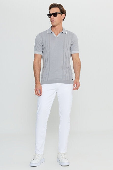 Altinyildiz Classics Grey with White Contrast Knit Textured Polo