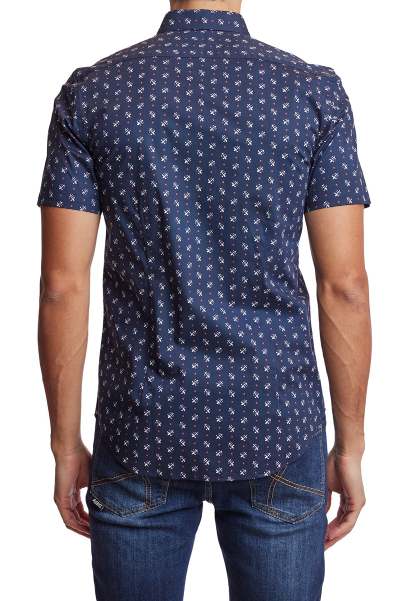 Wholesale,Paisley & Gray, Paisley & Gray Navy Fleur De Lis Print Short Sleeve Shirt, Blue, Small-38-TagSSmall-40-TagMLarge-46-TagXLExtra Large-49-TagXXLMedium-43-TagL