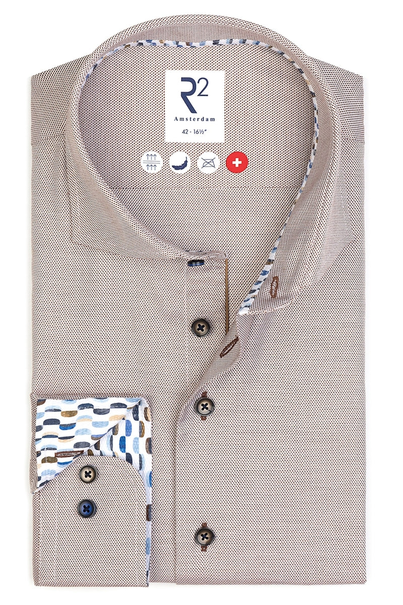 Direct From Brand,R2 Amsterdam, R2 Amsterdam Brown Non-iron Dobby Cotton Shirt, Brown, Medium-42-Tag39