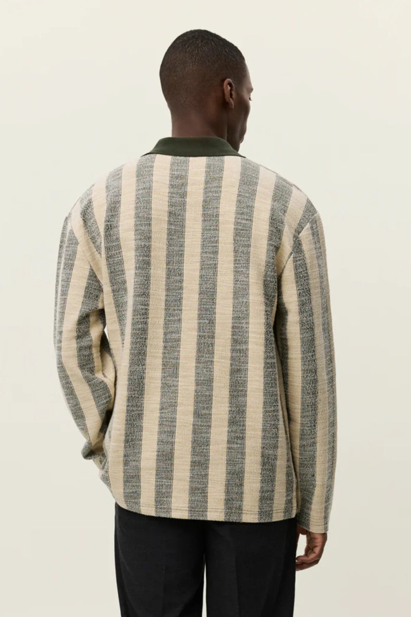 Wholesale,Les Deux, Les Deux Olive with Tan Striped Jacquard Jersey Textured Knit Polo, Green, Small-46-TagS