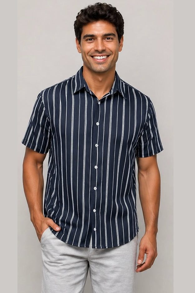 Wholesale,Mason Cruz, Mason Cruz Indigo/White Striped Stretch Shirt, Blue, Medium-44-TagMLarge-46-TagLExtra Large-48-TagXLExtra Large-50-TagXL