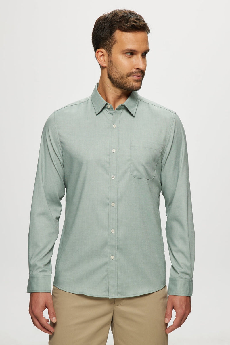 Faire,Julian & Mark, Julian & Mark Sage Chambray Stretch Long Sleeve Shirt, Green, Medium-41-TagMLarge-44-TagLExtra Large-47-TagXLSmall-39-TagSExtra Extra Large-52-TagXXL