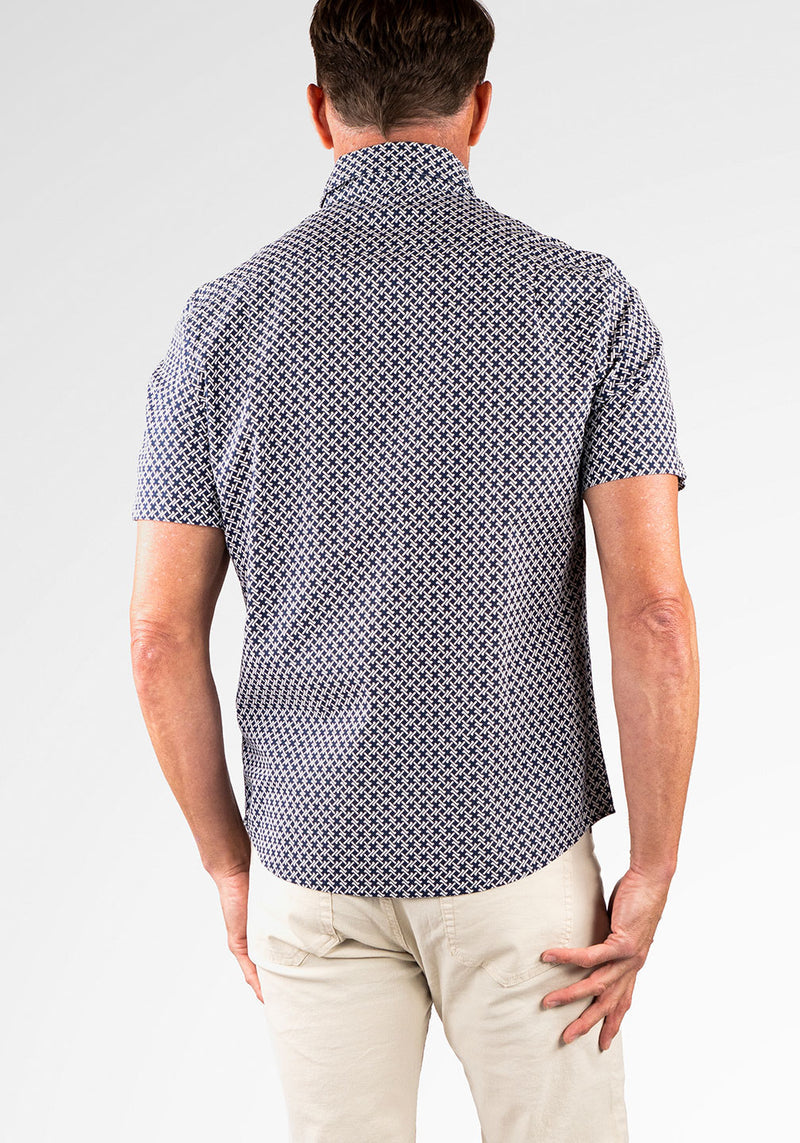 Brand Partner,Tailor Vintage, Tailor Vintage Navy Geo Print Airotec Stretch Poplin Short Sleeve Shirt, Blue, Medium-44-TagMLarge-47-TagLExtra Large-51-TagXLExtra Extra Large-55-TagXXLSmall-41-TagS