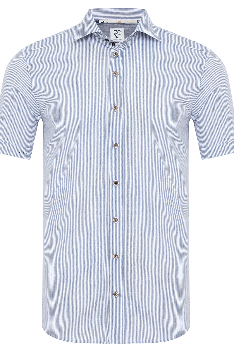 Direct From Brand,R2 Amsterdam, R2 Amsterdam Blue/White Stripped Stretch Short Sleeve Button Up Shirt, Blue, Medium-42-Tag40